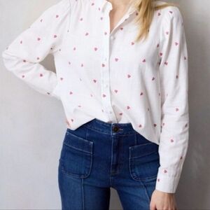 Lauren Conrad Womens Sz Large Button Down Long Sleeve White Shirt Red Hearts